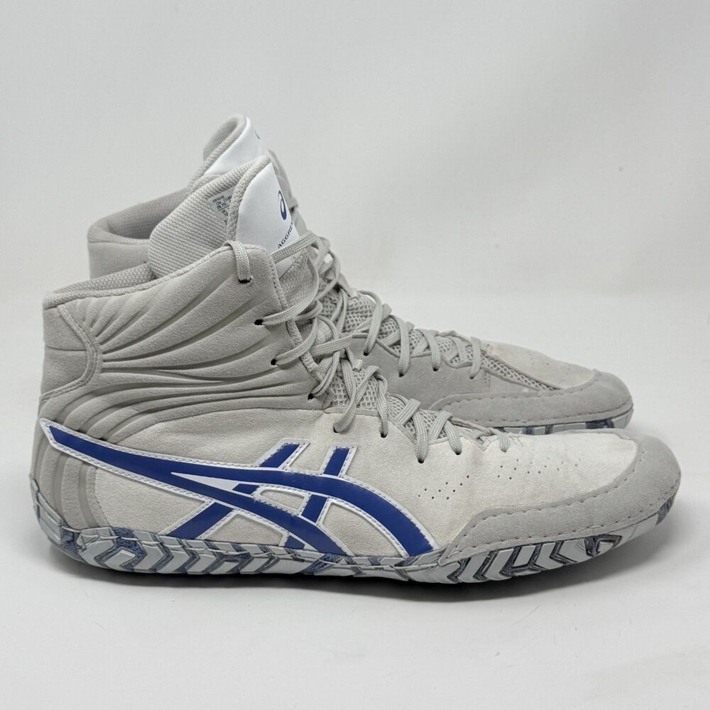 Asics Aggressor 5 Wrestling Shoes Mens 13 White Lapis Blue Suede Athletic